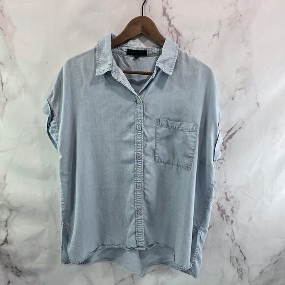 Anthropologie Shirt Womens Medium Blue Cuffed Chambray Light Wash Sanctuary - Picture 1 of 11